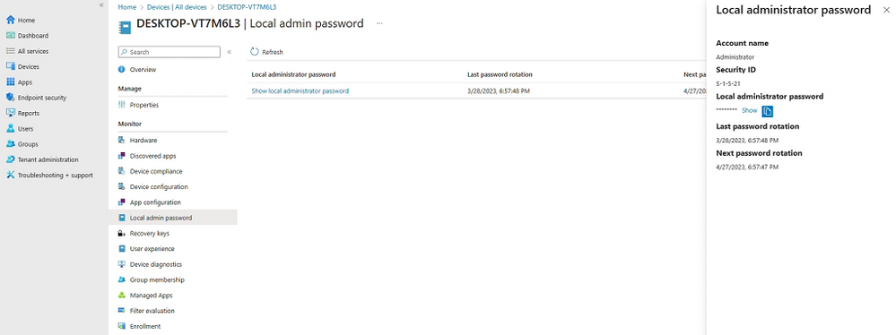 A screenshot of the Local administrator password pane for the selected device on the Devices page.