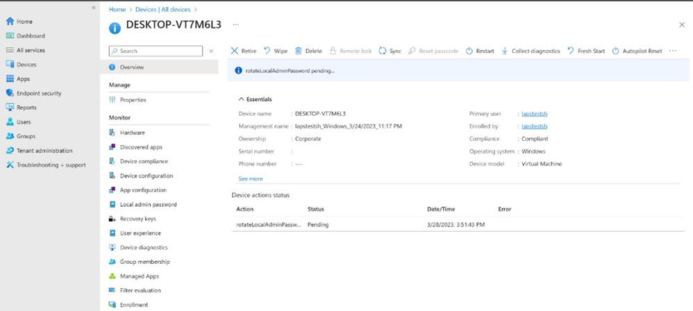 A screenshot of the Rotate local admin password status and updated timestamp for a selected device in the Devices page.