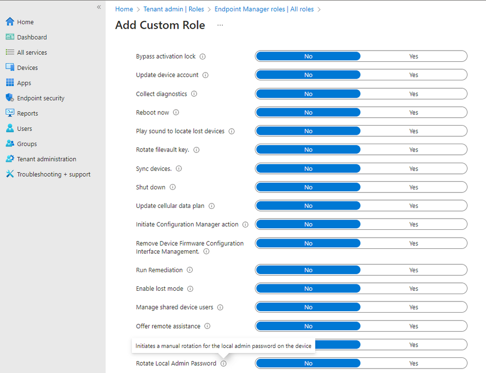 A screenshot of the custom role options on the Intune Tenant administration page.
