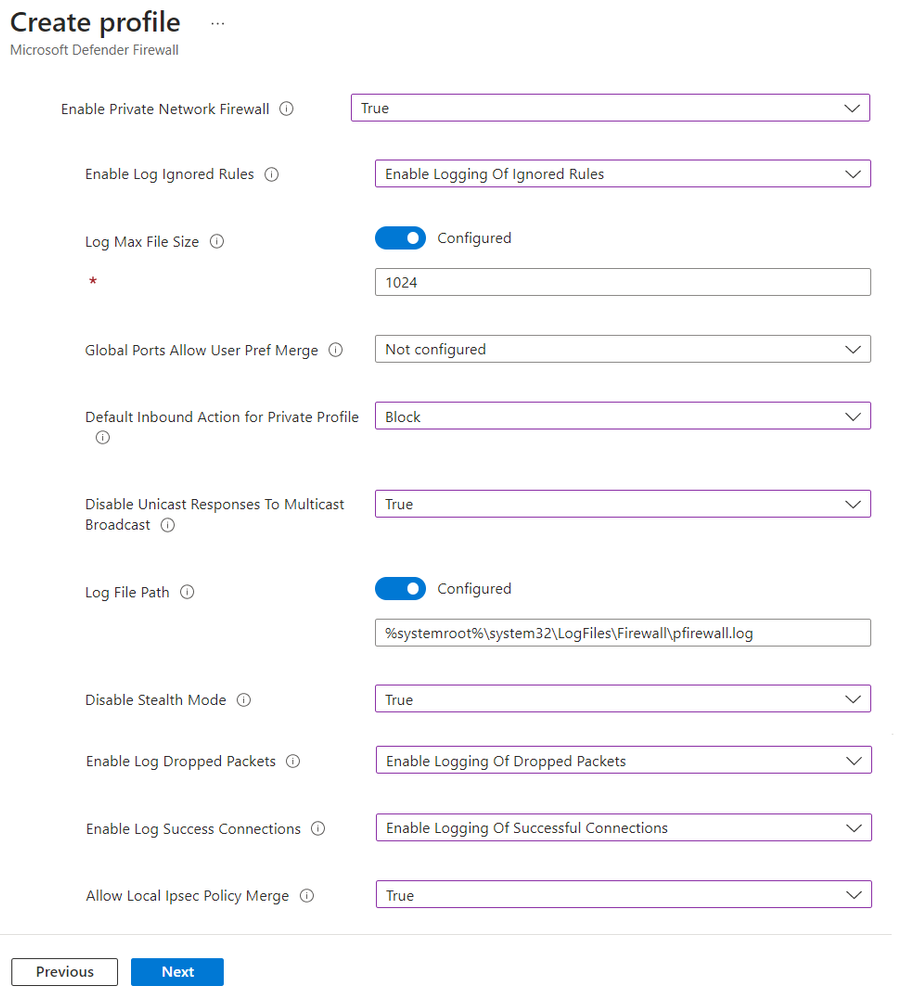 A screenshot of the new Create profile configuration options for Microsoft Defender Firewall.