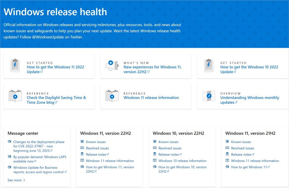 The Windows release health page lists release information for different versions of Windows.