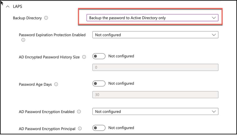 Snippet from Policy Creation, Backup Directory Setting - Active Directory only
