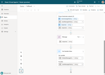 The Power Virtual Agents authoring canvas displaying the Azure OpenAI Chat response