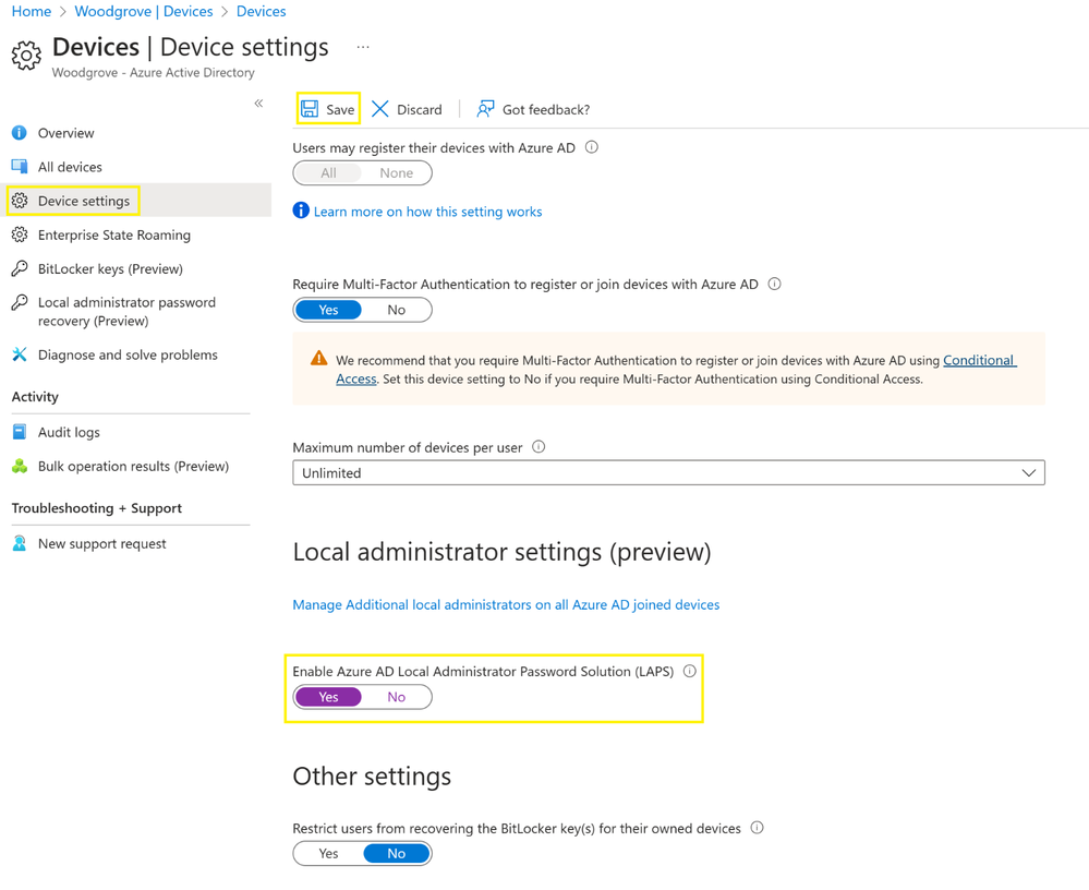 A screenshot of the Windows LAPS setting within the Azure AD portal.
