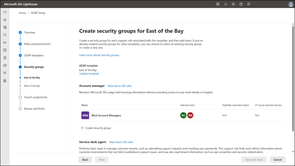 Screenshot of creating security groups page in Microsoft 365 Lighthouse