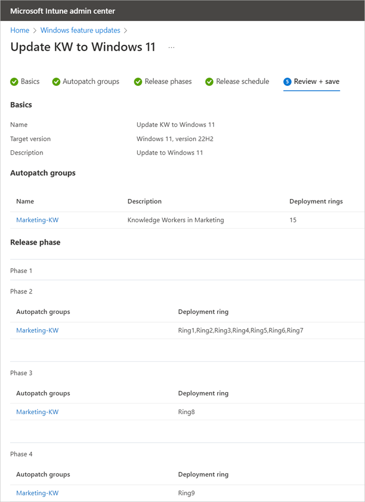 Screenshot of Update KW to Windows 11 in admin center with the Autopatch groups and Release phases in view