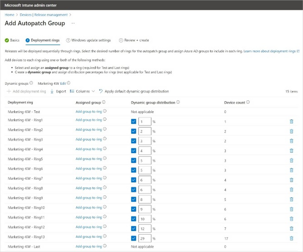 Screenshot of Add Autopatch Group page in admin center with Deployment rings in view