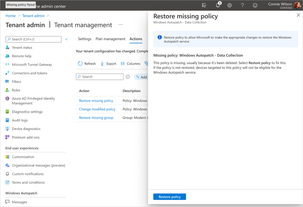 Screenshot of the Tenant management tab open in admin center with the pop up of ‘Restore missing policy’ showing
