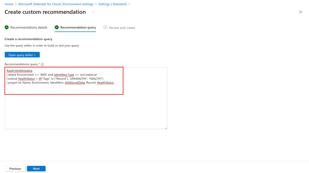 Figure 3. Creating a custom recommendation for AWS resources with the query editor.