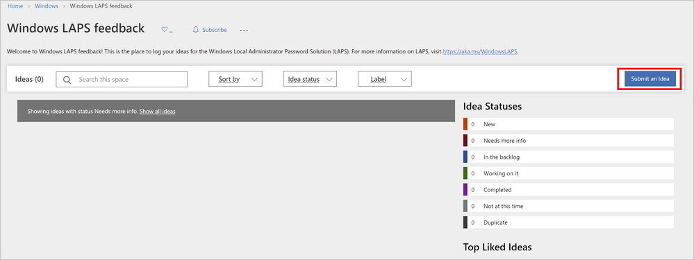 Screenshot of the Windows LAPS feedback board with the Submit an Idea button outlined in red