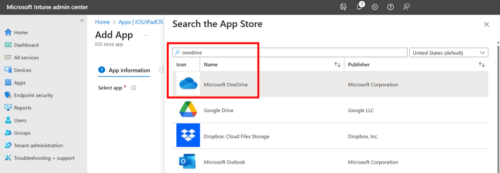 A screenshot of the list of applications available when searching the App Store with the Microsoft OneDrive app highlighted.