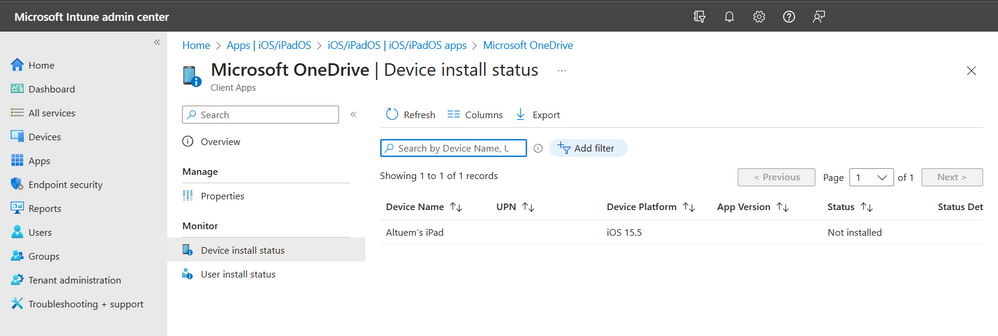 A screenshot of the Device install status for uninstalling an app.