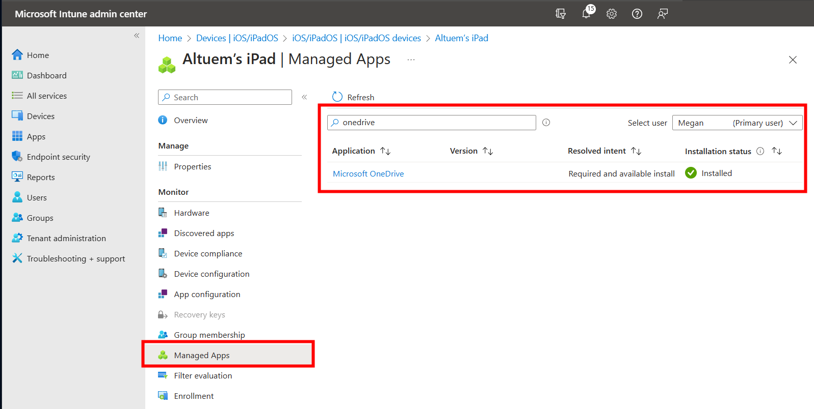 A screenshot of the Managed Apps page in the Intune admin center.