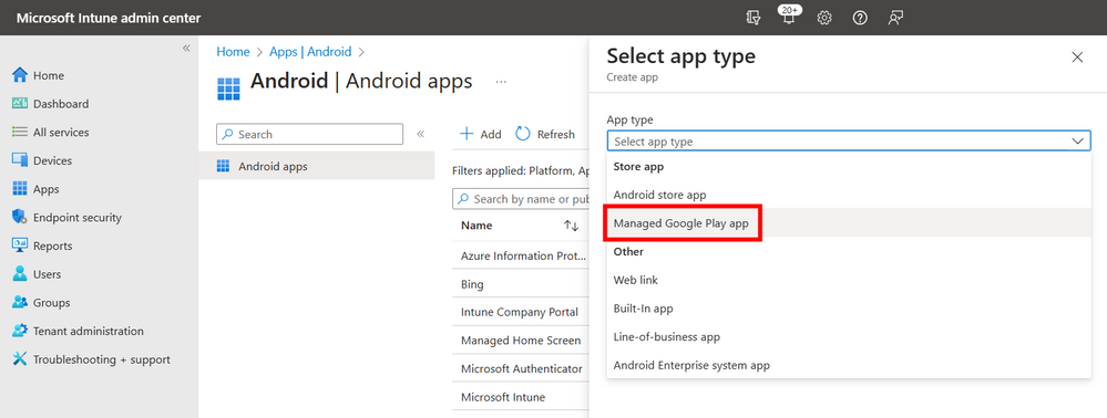A screenshot of the Select app type window on the Android apps page in the Intune admin center.