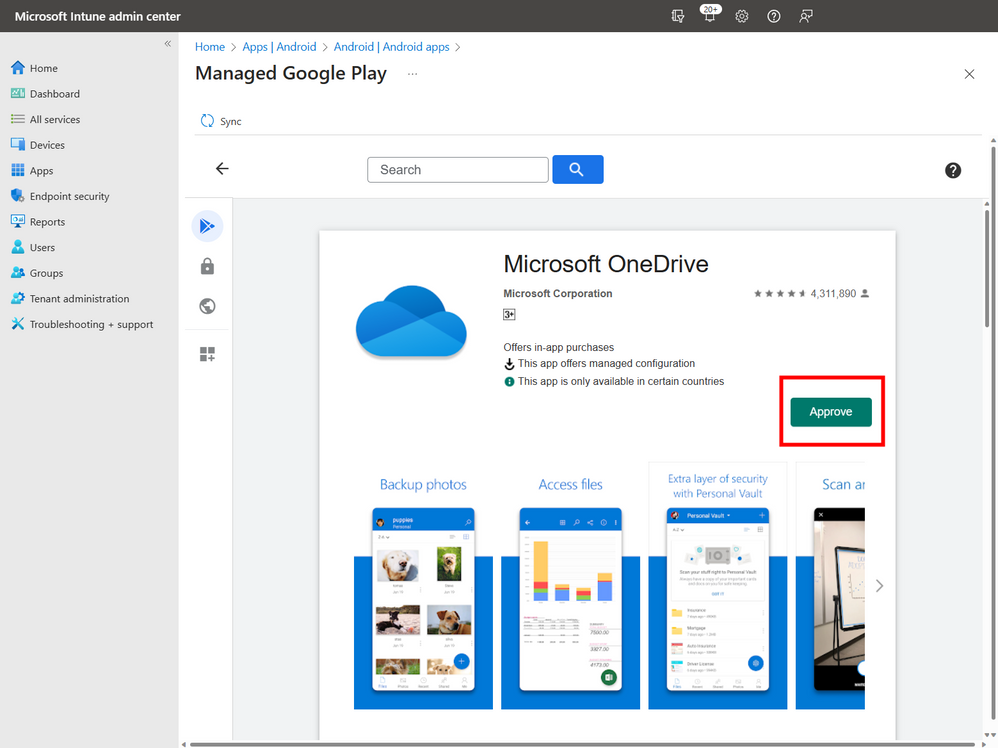A screenshot of the selected Microsoft OneDrive application with the Approve button highlighted.
