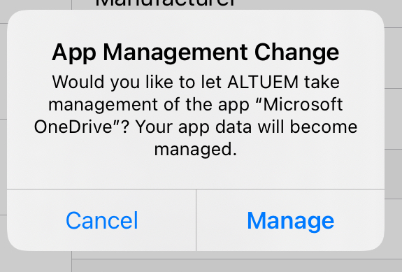 The App Management Change message the iOS/iPadOS user would see during the app takeover process.