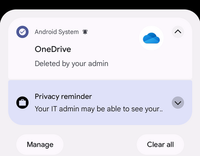 A screenshot of the notification the Android device user receives when the Allow access to all apps in Google Play store setting is changed from Allow to Not configured.