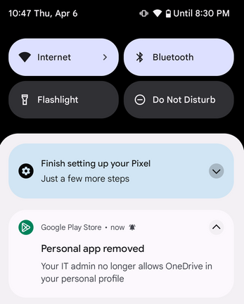 A screenshot of the notification “Personal app removed. Your IT admin no longer allows <AppName> in your personal profile,” on the user’s Android device.