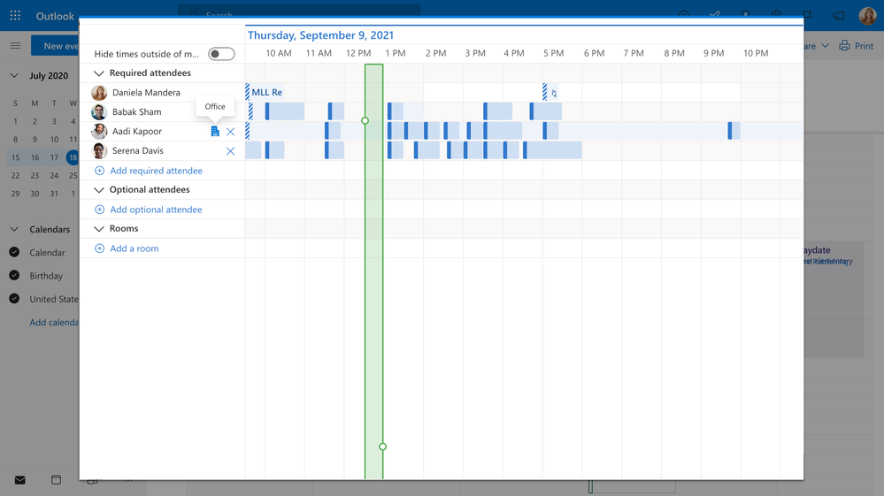An image demonstrating how a user's work hours and location appear in the Scheduling Assistant when scheduling a meeting.