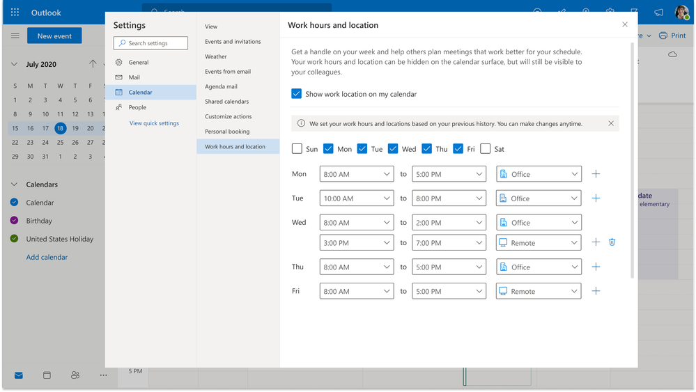 An image demonstrating how to set work hours and location in Outlook.