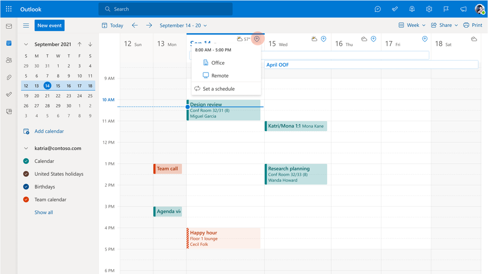 An image demonstrating how to change work hours and location from the calendar in Outlook.