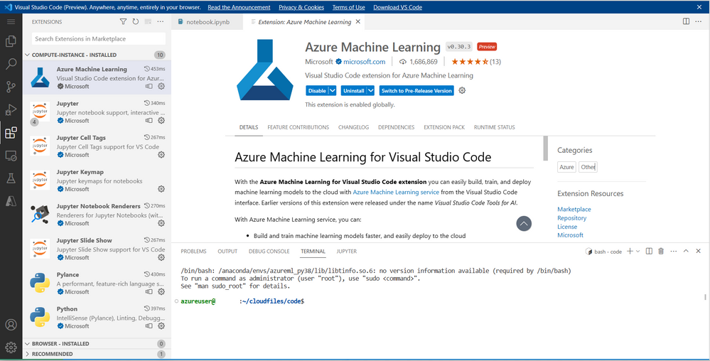 Azure ML extension view.PNG