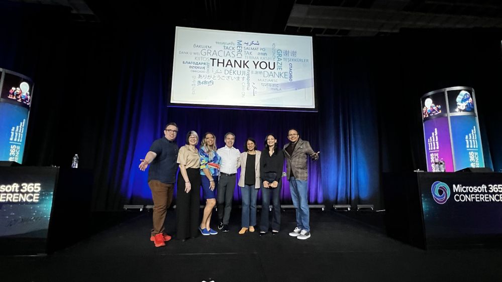 The Intrazone guest: Jeff Teper – President of Collaborative Apps and Platforms, Microsoft – among his peers after delivering the Microsoft 365 Conference opening keynote; left-to-right: Jason Moore, Denise Trabona, Karuana Gatimu, Jeff Teper, Sumi Singh, Sumit Chauhan, and Sesha Mani.