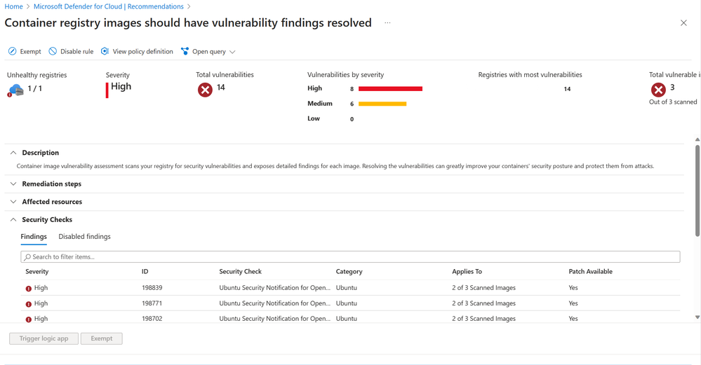 Results for Container VA scanning