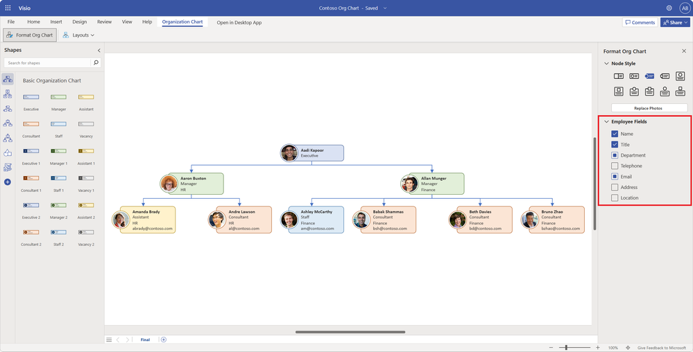 An image of an org chart in Visio for the web highlighting the new Employee Fields options in the Format Org Chart task pane.