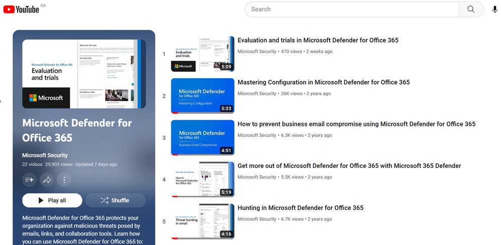Изображение списка воспроизведения Microsoft Defender для Office 365 на канале Microsoft Security YouTube.