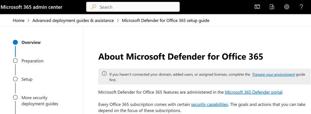 Изображение начальной страницы руководства по установке Microsoft Defender для Office 365 в центре администрирования Microsoft 365.