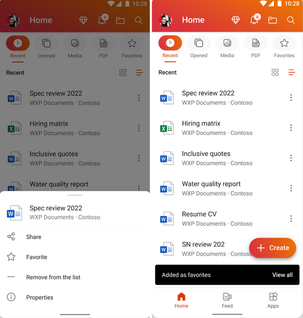 An image demonstrating available actions from the Favorites list view, including Share, Favorite, Remove from the list, and Properties (left), and the "Added as favorites - View all" toast notification (right) in the Microsoft 365 app for Android.