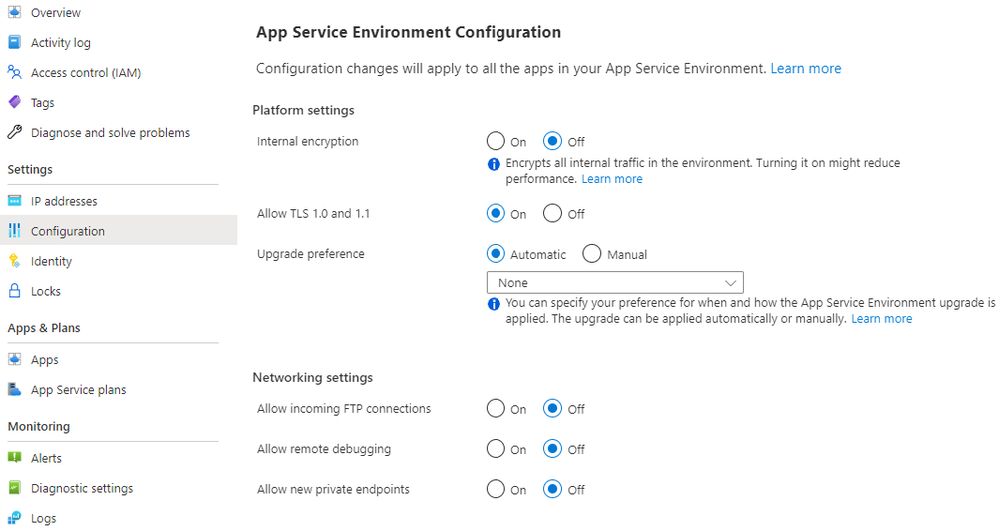 Common App Service Environment Configuration Settings