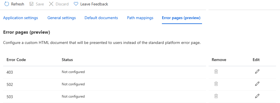 Custom Error Page Configuration in Azure Portal
