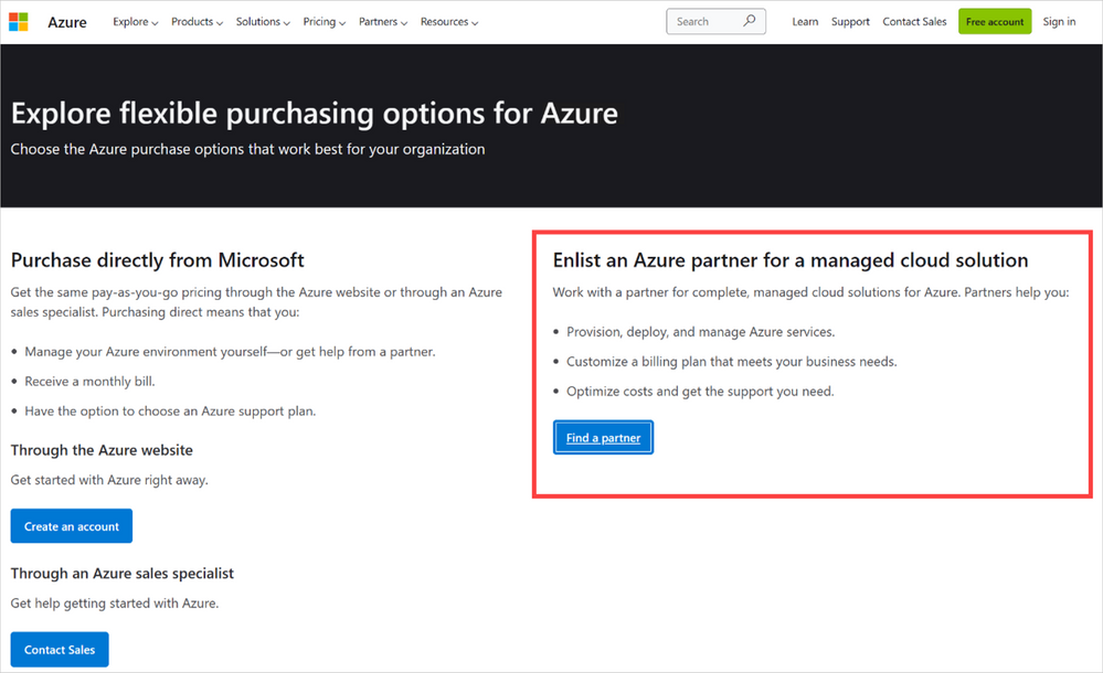 Screenshot of the Explore flexible purchasing options for Azure webpage with a red box over the option to Enlist an Azure partner for a managed cloud solution.