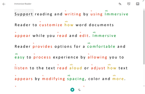 Immersive Reader shows text. Verbs, adjectives, and adverbs are each highlighted in a different color, and additional spacing is added between words and letters.
