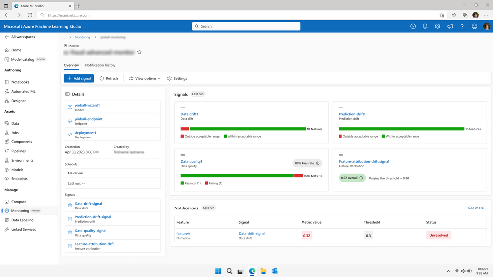 Step 2: After model monitoring is configured, users can view a comprehensive overview of signals, metrics, and alerts in AzureML’s Monitoring UI.