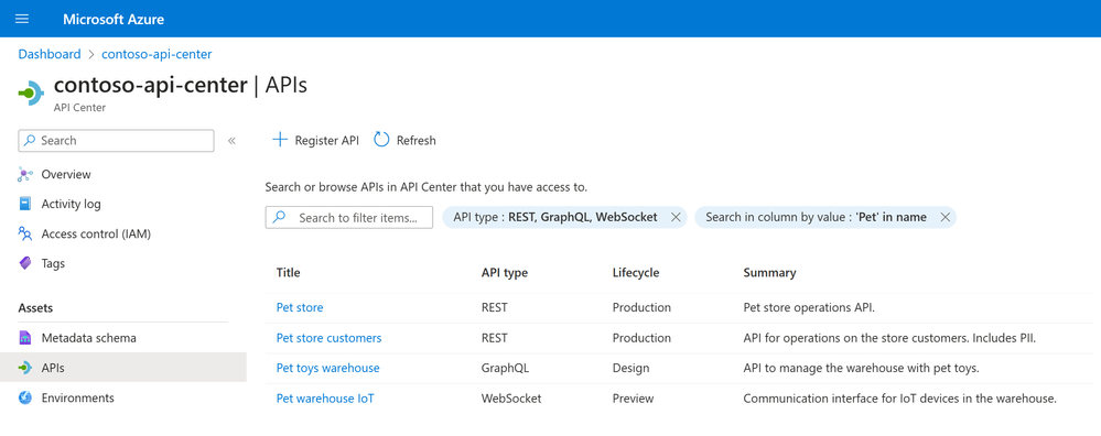 Find any API in your organization with filters and search in API Center.