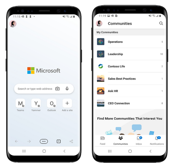 An image of two mobile screenshots side by side: On the left is a browser tab on the Microsoft Edge mobile app. On the right is the Communities tab in the Viva Engage mobile app.