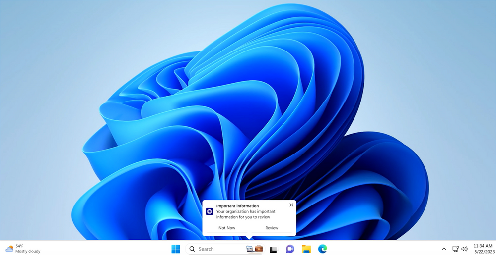 Screenshot of Windows 11 desktop with the Important information pop up from the desktop icon within the search bar
