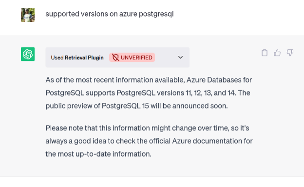Figure 2: Query ChatGPT using retrieval plugin on supported PostgreSQL versions.
