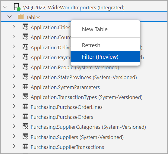 Screenshot of Filter menu item in Object Explorer