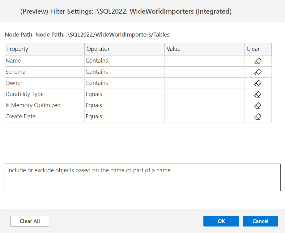 Screenshot of filter settings for Object Explorer