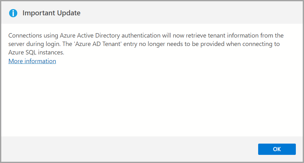 Screenshot of message about tenant list box removal after upgrading to Azure Data Studio 1.44