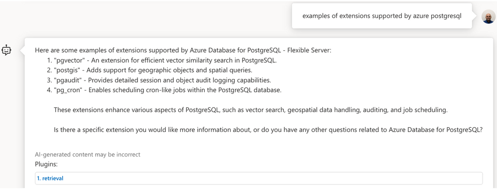 Figure 4: Example  Azure OpenAI chat session asking about PG extension support in Azure Database for PostgreSQL - Flexible Server.