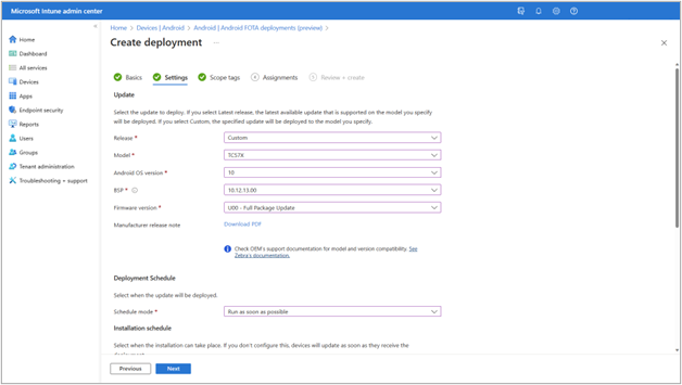 A screenshot of the Create deployment screen in Intune, showing an example of creating a deployment for Android FOTA devices.