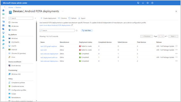 A screenshot of Android FOTA deployments pane in the Intune admin center.