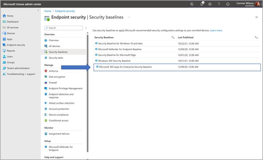 A screenshot of the Microsoft 365 Apps for Enterprise Security Baseline in Intune.