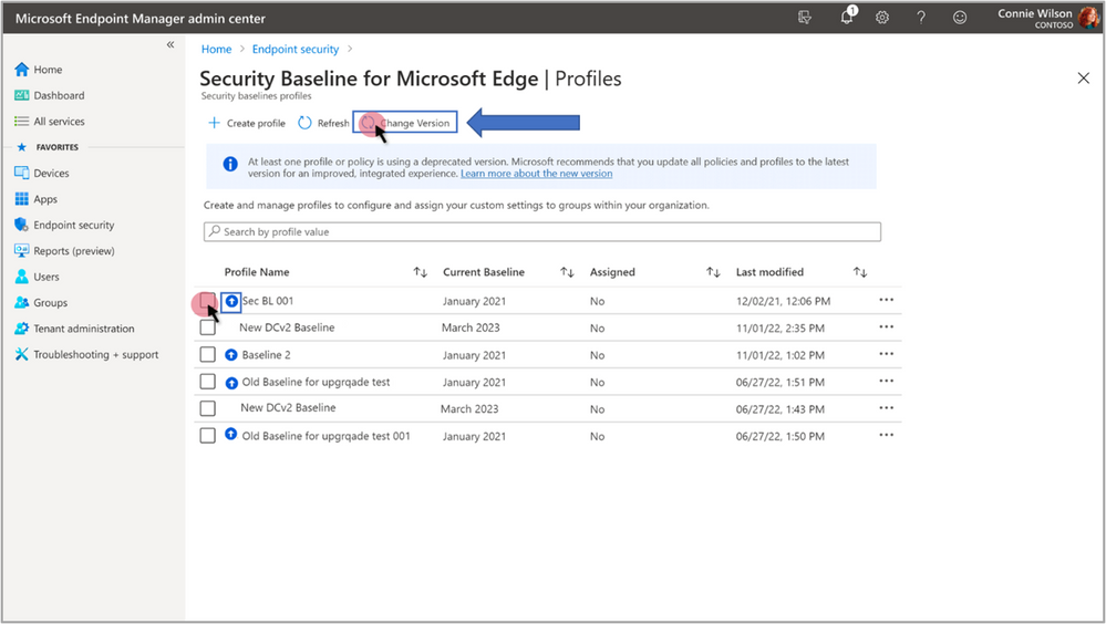 A screenshot of the Security Baseline for Microsoft Edge Profiles page with the blue arrow icons and Change Version selection highlighted.