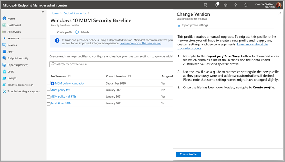 A screenshot of the Change Version window with the steps for upgrading to the latest baseline version.